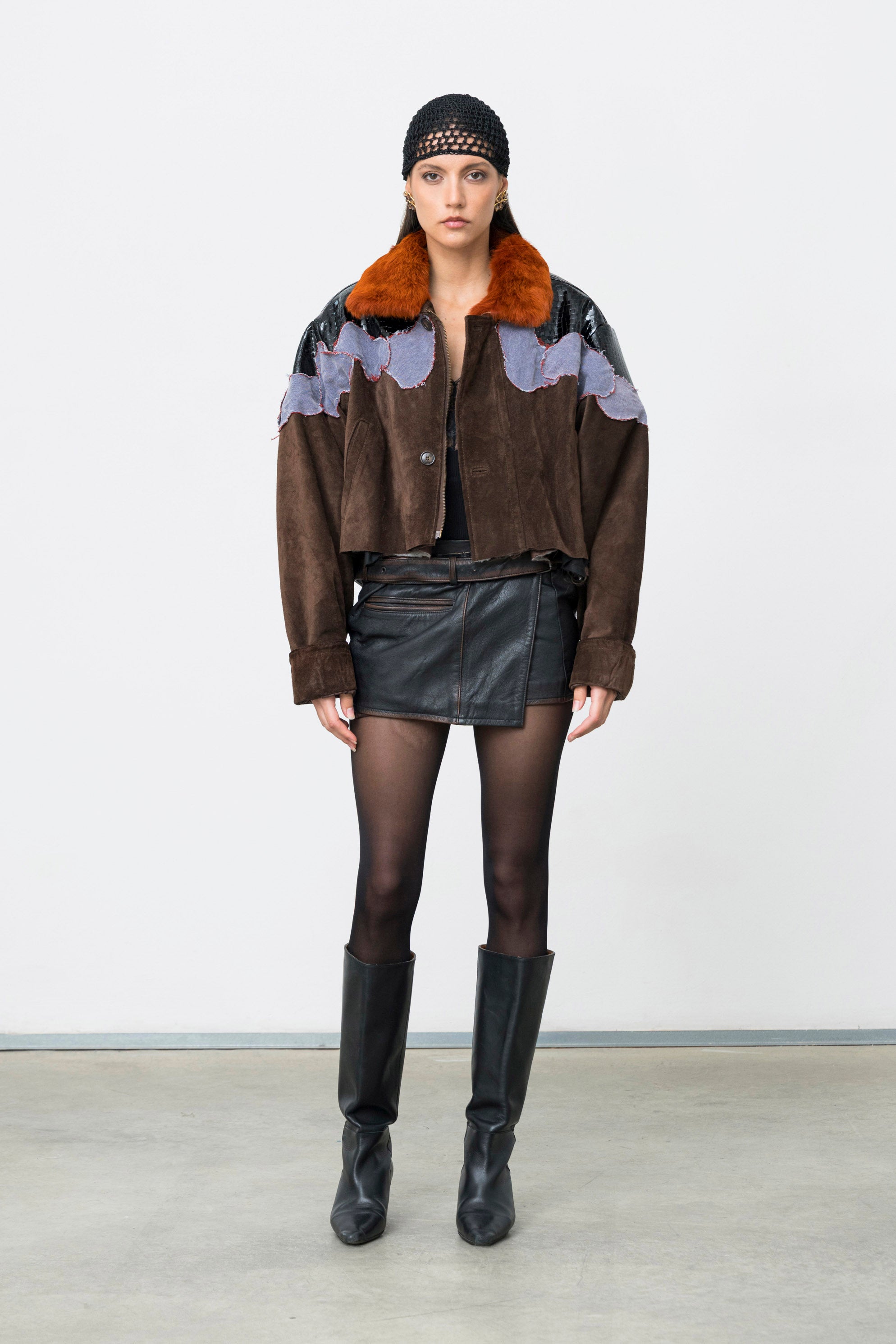 Upcycled Suede Cropped Jacket Croco Vinyl Denim Fur Collar