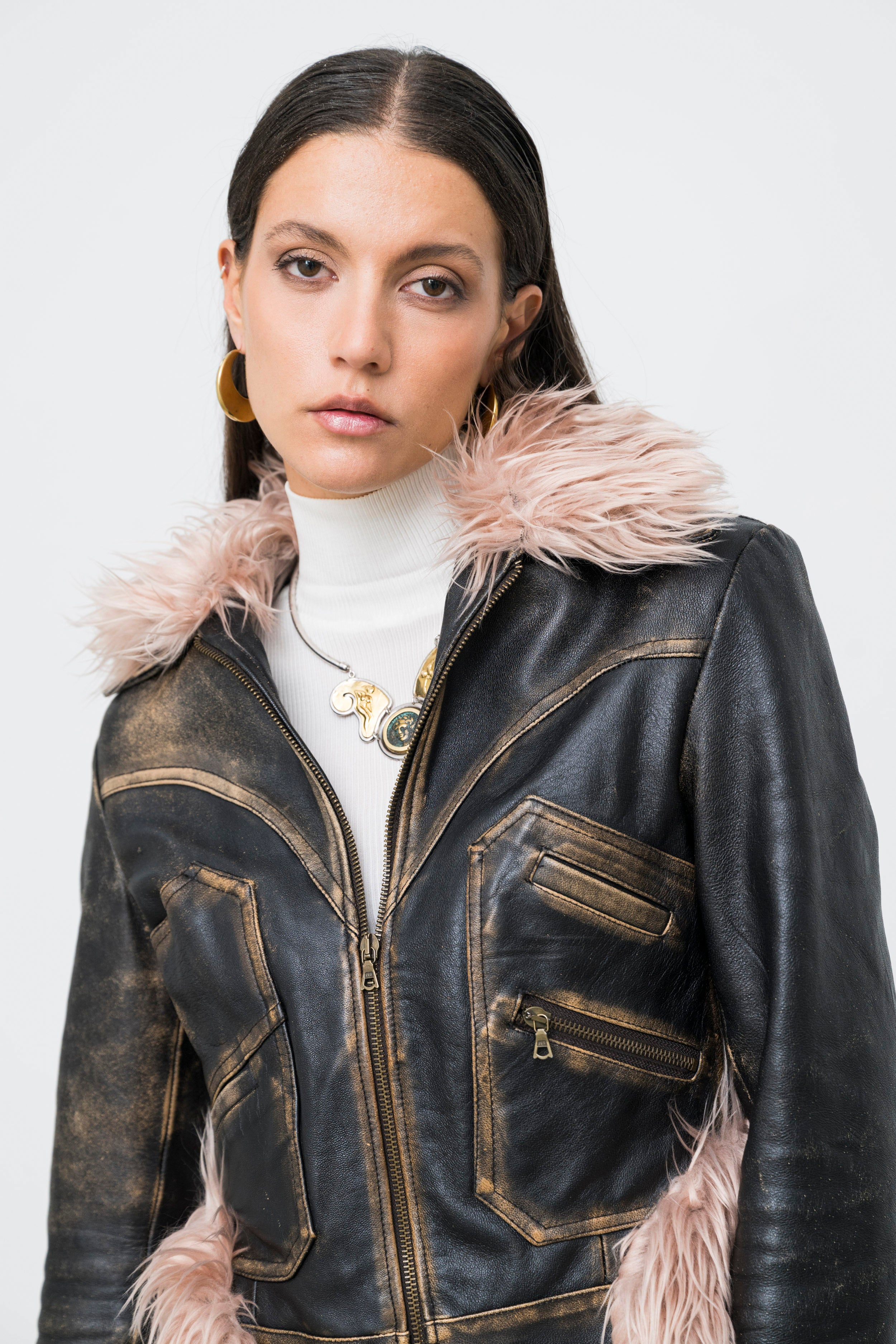 Upcycled Vintage Leather Biker Jacket with Pink Eco-Fur Trim