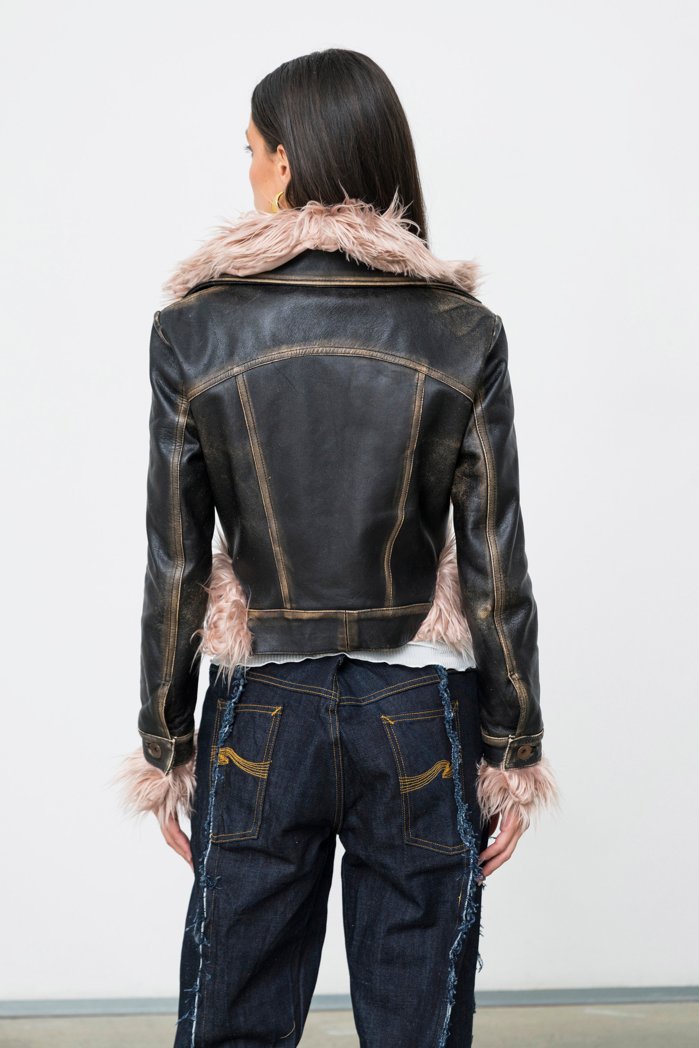 Upcycled Vintage Leather Biker Jacket with Pink Eco-Fur Trim