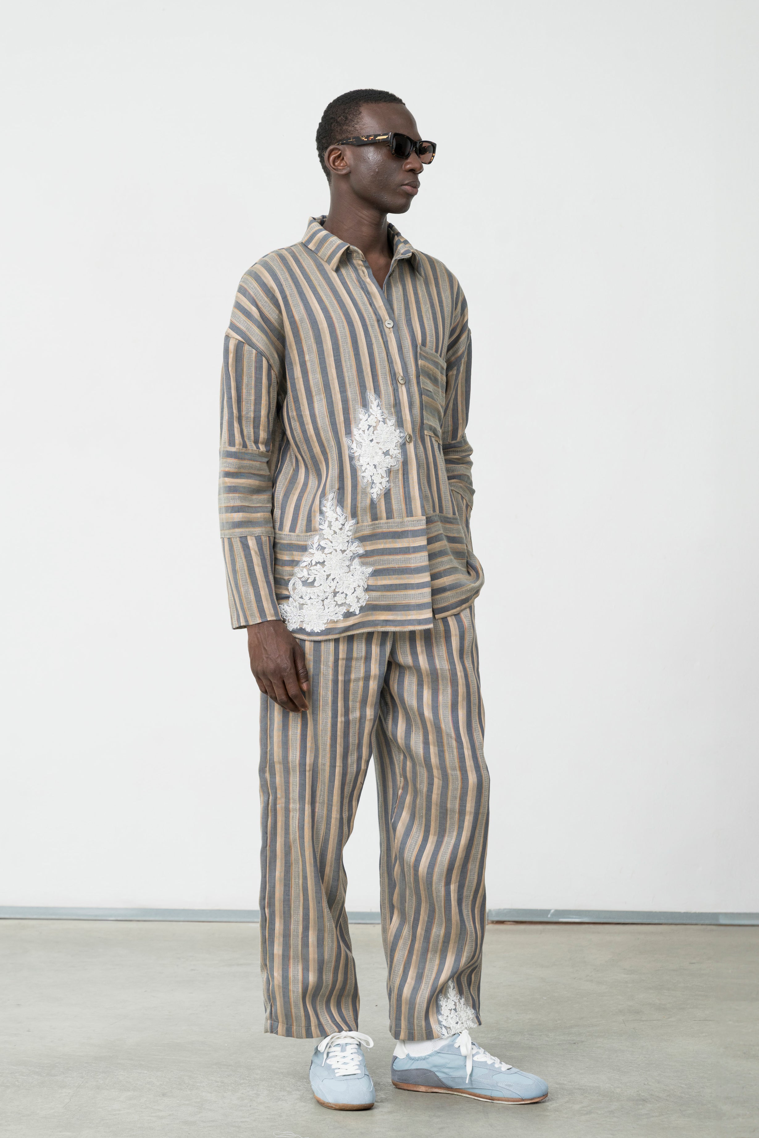 アトリエナルセcotton linen gaucho pants ～stripe cotton linen