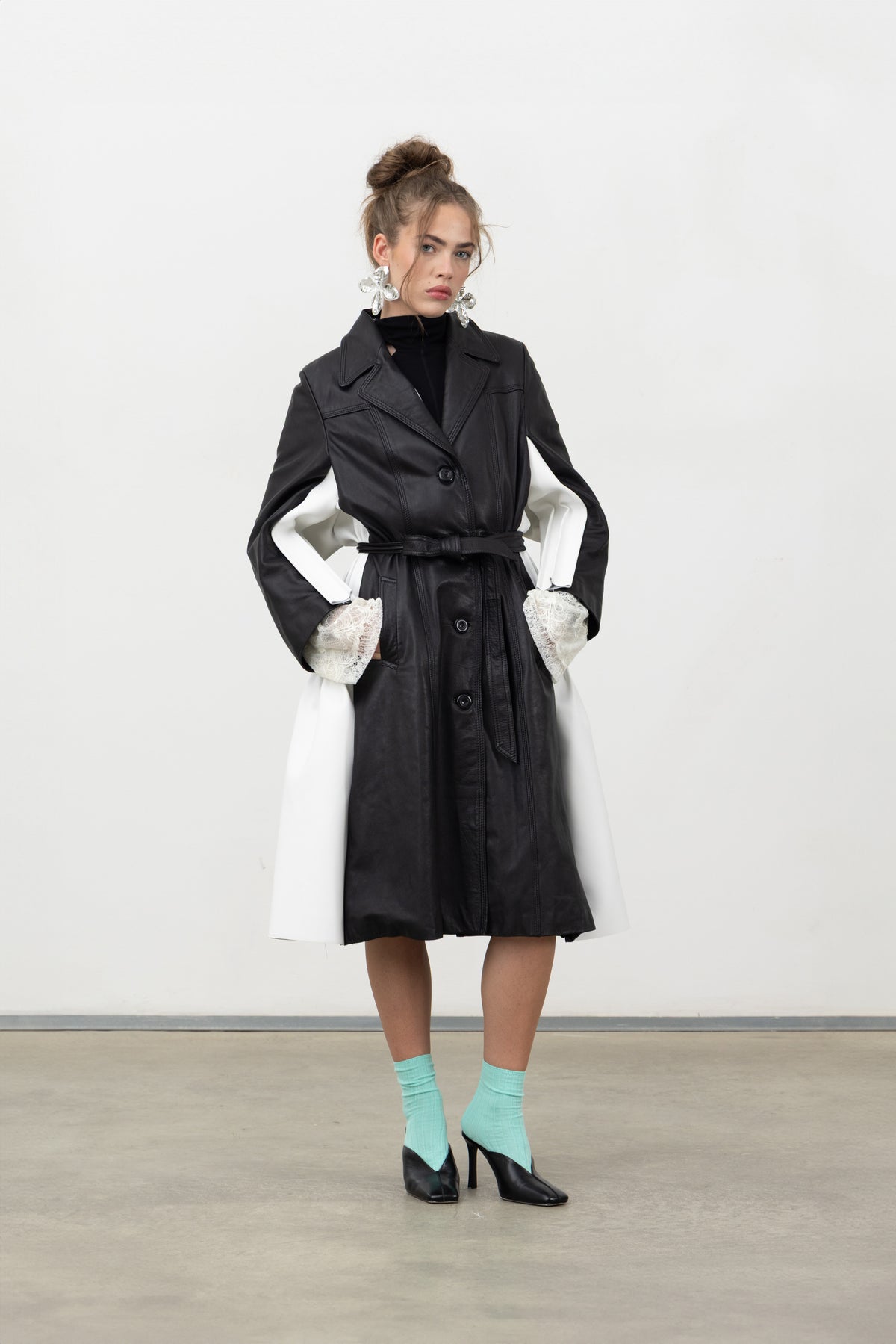 Luxifer Leather Trench, a one-of-a-kind belted black leather trench with white leather inserts, Oscalito x Canto Primo