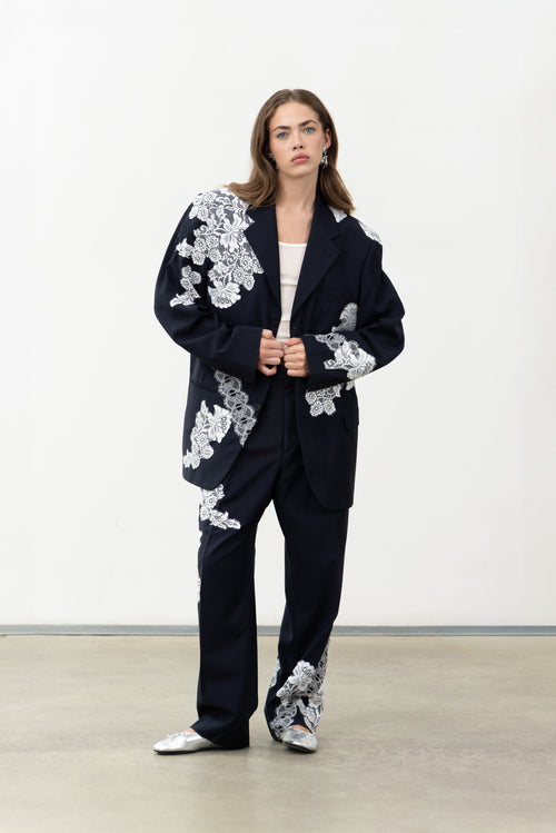 Allegoria Blazer, a navy wool blazer with white lace appliqués, worn as a suit, Oscalito x Canto Primo