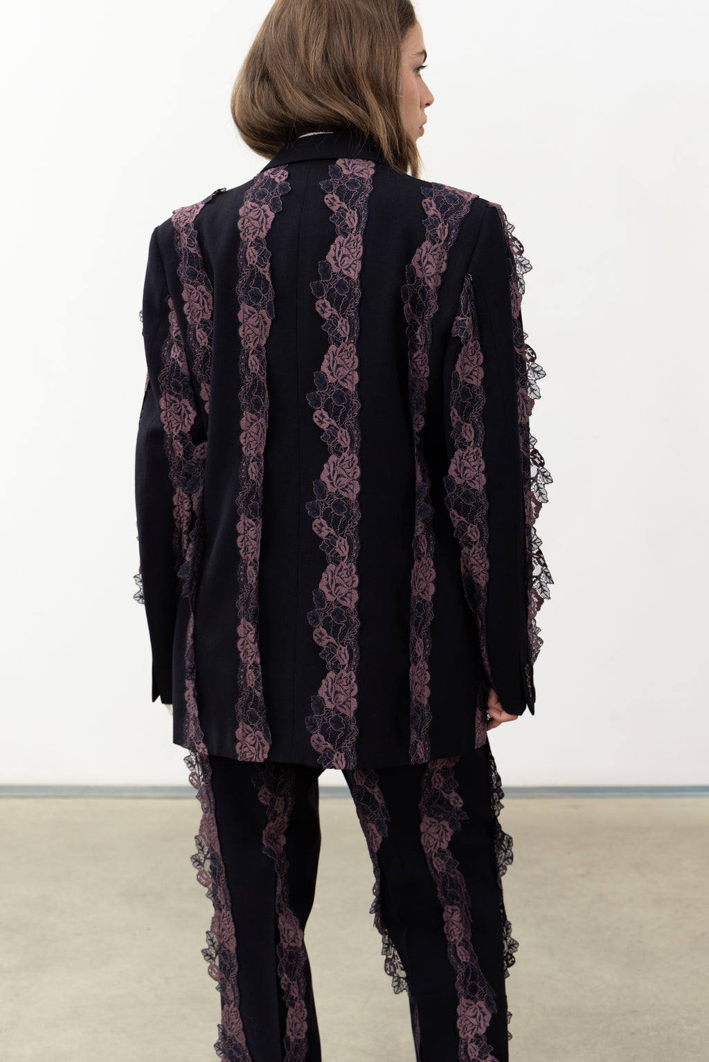 Back view of the Rinascimento Blazer with purple lace stripes