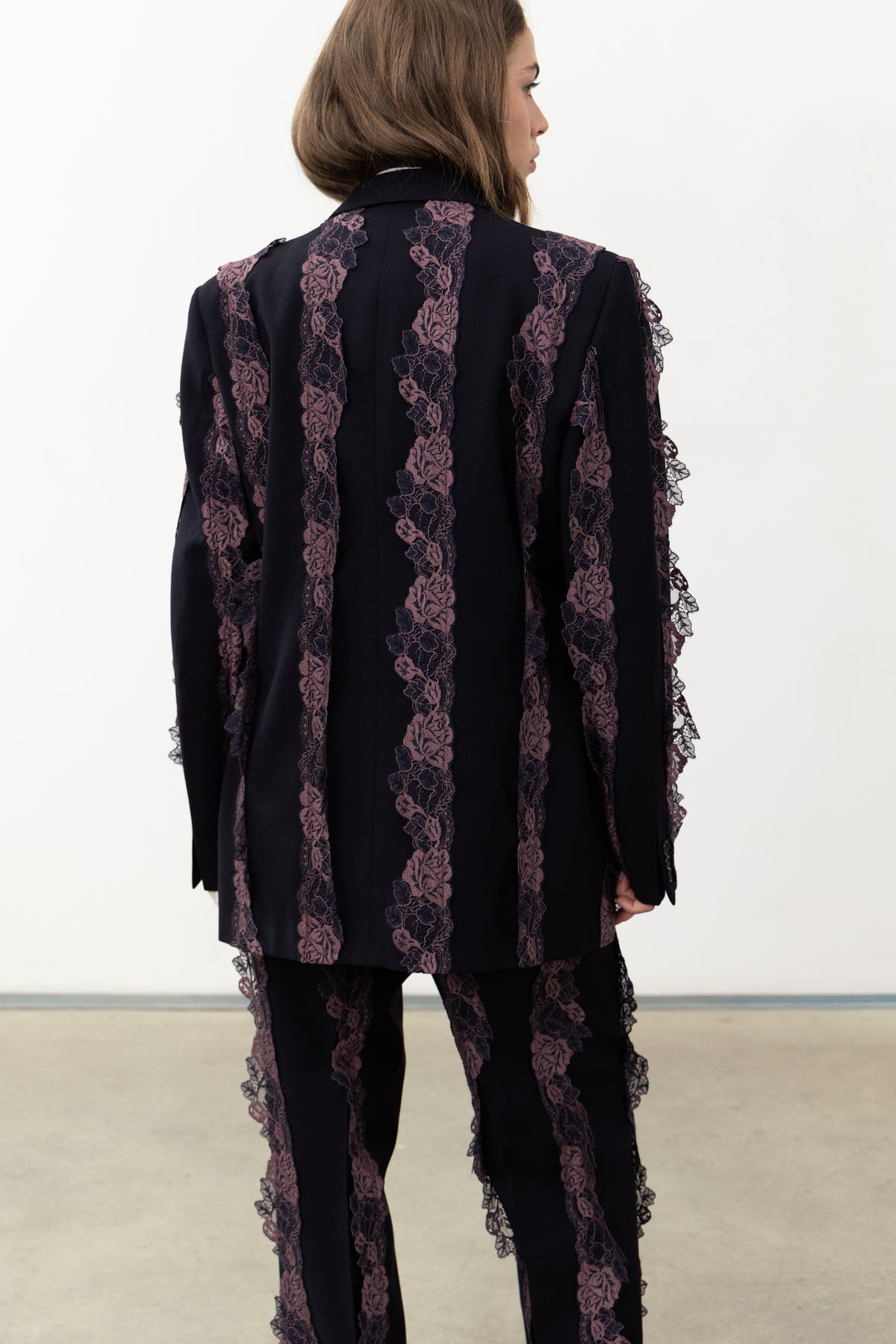 Back view of the Rinascimento Blazer with purple lace stripes