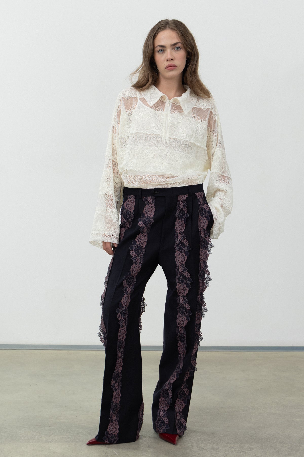 Rinascimento Pants, navy wool wide-leg trousers with purple lace bands, styled with the Sbagliato Light Top